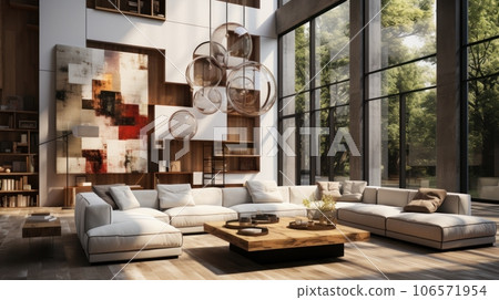 Interior of modern eclectic living area in luxury cottage. 3D decor and large abstract painting on the wall, stylish cushioned furniture, coffee table, panoramic windows. Contemporary home decor. 106571954