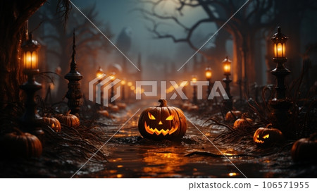 Dark tones Halloween composition in sinister cemetery alley under moonlight. Spooky pumpkin jack-o-lanterns, burning candles, gnarled bare trees, night fog. Halloween celebration concept. Dark tones Halloween composition in sinister cemetery alley under moonlight. Spooky pumpkin jack-o-lanterns, burning candles, gnarled bare trees, night fog. Halloween celebration concept. 106571955