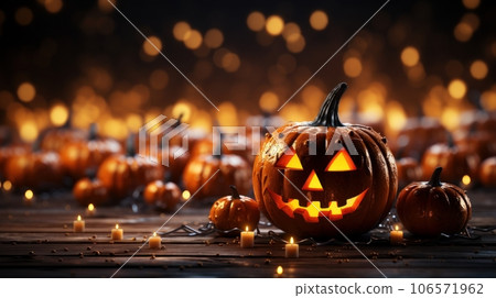 Sinister Halloween composition in dark tones. Spooky pumpkin jack-o-lantern, burning candles, beads, blurred background with bokeh effect. Template, copy space. Sinister Halloween composition in dark tones. Spooky pumpkin jack-o-lantern, burning candles, beads, blurred background with bokeh effect. Template, copy space. 106571962