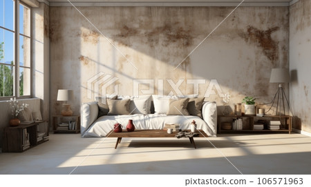 Minimalist interior of modern loft style living room. Concrete grunge walls and floor, comfortable couch, coffee table, side tables, floor lamp, home decor, large window. Template, 3D rendering. Minimalist interior of modern loft style living room. Concrete grunge walls and floor, comfortable couch, coffee table, side tables, floor lamp, home decor, large window. Template, 3D rendering. 106571963