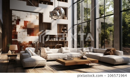 Interior of modern eclectic living area in luxury cottage. 3D decor and large abstract painting on the wall, stylish cushioned furniture, coffee table, panoramic windows. Contemporary home decor. 106571964