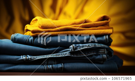 Stack of brand new blue and yellow jeans on wooden table. Yellow background. Bright creative advertising, fashion and retail concept. Copy space. Stack of brand new blue and yellow jeans on wooden table. Yellow background. Bright creative advertising, fashion and retail concept. Copy space. 106571965
