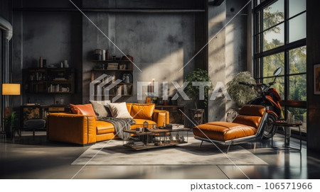 Loft style open space living area in luxury studio apartment. Grunge concrete walls, vintage sofa and armchair, coffee table, decorative plants, bookshelves, panoramic window. Contemporary home decor. 106571966