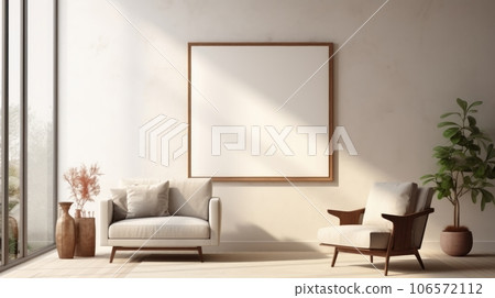 Front view of a modern minimalist scandi living room. White wall with poster template, comfortable armchairs, plant in a pot, decorative vases. Home decor. Mockup, 3D rendering. Front view of a modern minimalist scandi living room. White wall with poster template, comfortable armchairs, plant in a pot, decorative vases. Home decor. Mockup, 3D rendering. 106572112