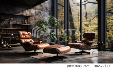 Interior of spacy loft style living area in luxury studio apartment. Dark grunge walls, leather cushioned furniture, coffee table, home decor, panoramic window. Contemporary home design. Interior of spacy loft style living area in luxury studio apartment. Dark grunge walls, leather cushioned furniture, coffee table, home decor, panoramic window. Contemporary home design. 106572174