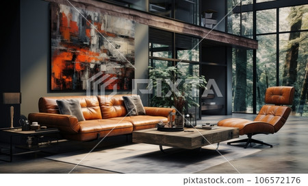 Interior of spacy loft style living area in luxury studio apartment. Dark grunge walls, large poster, leather cushioned furniture, wooden coffee table, panoramic window. Contemporary home design. Interior of spacy loft style living area in luxury studio apartment. Dark grunge walls, large poster, leather cushioned furniture, wooden coffee table, panoramic window. Contemporary home design. 106572176