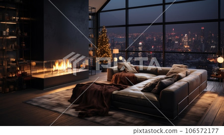 Interior of modern cozy luxurious loft style studio with Christmas decor. Blazing fireplace, burning candles, elegant Christmas tree, comfortable cushioned furniture, panoramic windows with city view. Interior of modern cozy luxurious loft style studio with Christmas decor. Blazing fireplace, burning candles, elegant Christmas tree, comfortable cushioned furniture, panoramic windows with city view. 106572177