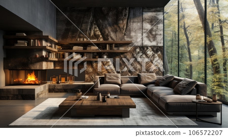 Interior of cozy living area in modern luxury cottage. Stone wall, corner sofa with cushions, rough wooden coffee table, fireplace, bookshelf. Panoramic window with forest view. Eco home design. Interior of cozy living area in modern luxury cottage. Stone wall, corner sofa with cushions, rough wooden coffee table, fireplace, bookshelf. Panoramic window with forest view. Eco home design. 106572207