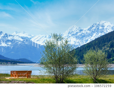 Reschensee summer landscape (Austria). 106572259