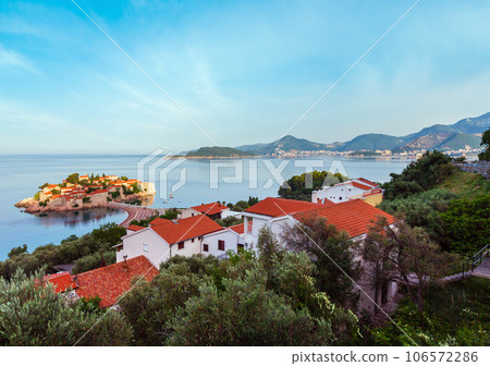 The morning view of Sveti Stefan sea islet, Montenegro The morning view of Sveti Stefan sea islet, Montenegro 106572286