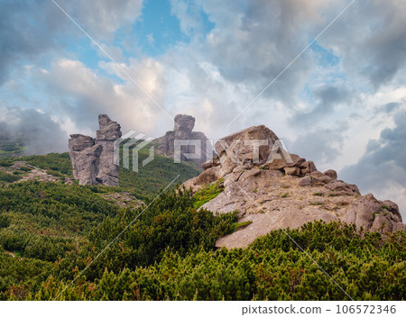 Summer misty morning cloudy Carpathian Mountains (Chornohora range, Ukraine). 106572346