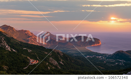 Budva riviera coastline. Montenegro, Balkans, Adriatic sea. View from the top of the mountain road path. 106572348