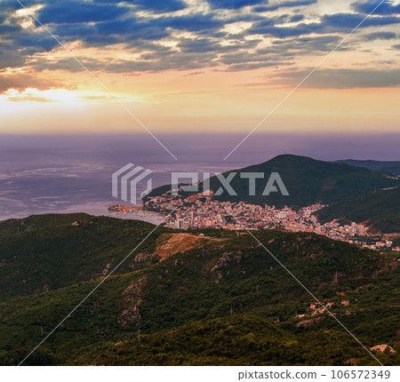 Budva riviera coastline. Montenegro, Balkans, Adriatic sea. View from the top of the mountain road path. 106572349