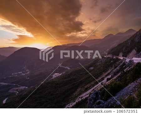 Budva riviera night coastline. Montenegro, Balkans, Adriatic sea. View from the top of the mountain road path. 106572351