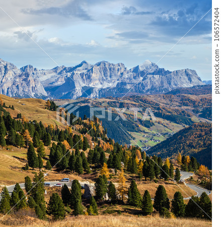 Autumn alpine Dolomites rocky mountain scene, Sudtirol, Italy. Peaceful view near Gardena Pass. Autumn alpine Dolomites rocky mountain scene, Sudtirol, Italy. Peaceful view near Gardena Pass. 106572404