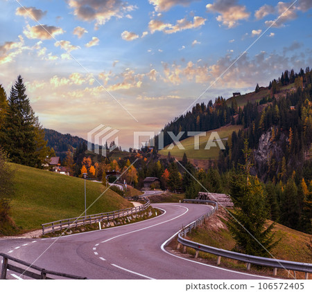Sunset colorful autumn alpine Dolomites rocky  mountain scene, Sudtirol, Italy. Peaceful view from alpine path road. Picturesque traveling, seasonal, nature and countryside beauty concept scene. 106572405