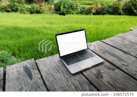 Laptop computer blank screen on a wooden terrace in the background of rice fields 106572575