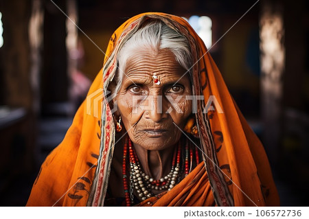 Close-up portrait of an elder Indian woman. Close-up portrait of an elder Indian woman. 106572736