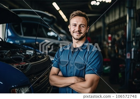 Smiley young Caucasian man in his workshop. 106572748