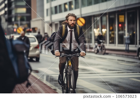 Young american man riding a bicycle on a road in a city street. Blurry urban background. Young american man riding a bicycle on a road in a city street. Blurry urban background. 106573023