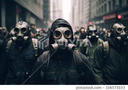 Crowd of people in gas masks on a city street. 106573033