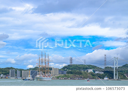 Nippon Maru anchored on the west coast of Moji Port under blue skies and summer clouds 106573073
