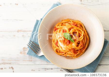 Spaghetti with stringy mozzarella and tomato sauce Spaghetti with stringy mozzarella and tomato sauce 106573136