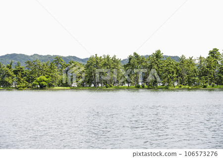 Row of pine trees in Amanohashidate seen from a sightseeing boat Row of pine trees in Amanohashidate seen from a sightseeing boat 106573276