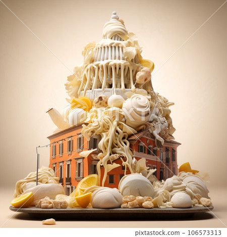 Gelato sculpture combining carbonara and cacio e pepe flavors in Rome 106573313