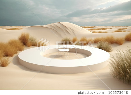 Podium on sand background. Display with sunshade and shadow on the background for cosmetic perfume fashion natural product. Generative AI. 106573648