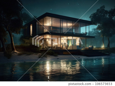 Design house - modern villa with open plan living and private bedroom wing. Large terrace with privacy and, swimming pool. Generative AI. 106573653