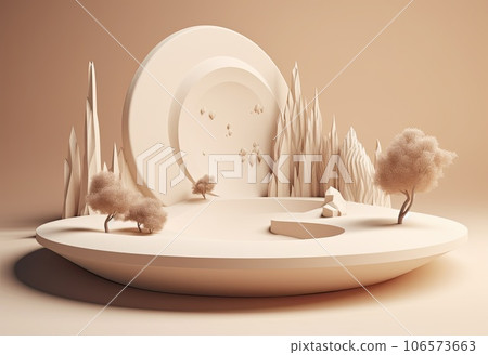 Podium on sand background. Display with sunshade and shadow on the background for cosmetic perfume fashion natural product. Generative AI. 106573663