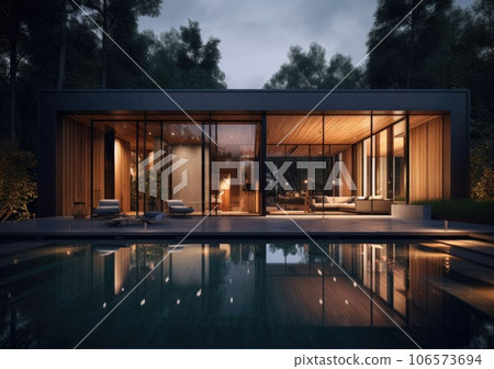 Design house - modern villa with open plan living and private bedroom wing. Large terrace with privacy and, swimming pool. Generative AI. 106573694