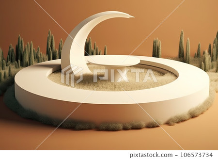 Podium on sand background. Display with sunshade and shadow on the background for cosmetic perfume fashion natural product. Generative AI. 106573734