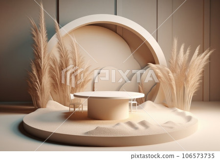 Podium on sand background. Display with sunshade and shadow on the background for cosmetic perfume fashion natural product. Generative AI. 106573735