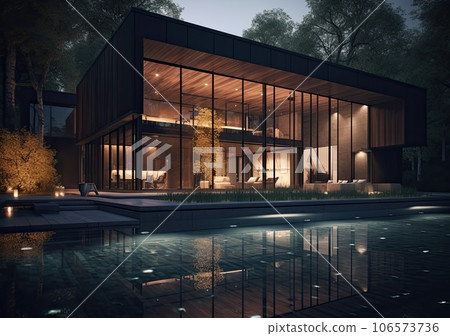 Design house - modern villa with open plan living and private bedroom wing. Large terrace with privacy and, swimming pool. Generative AI. 106573736