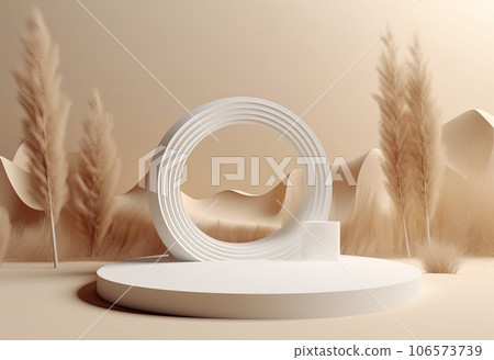 Podium on sand background. Display with sunshade and shadow on the background for cosmetic perfume fashion natural product. Generative AI. 106573739