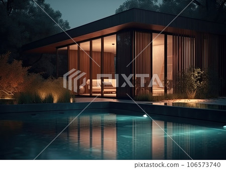 Design house - modern villa with open plan living and private bedroom wing. Large terrace with privacy and, swimming pool. Generative AI. 106573740