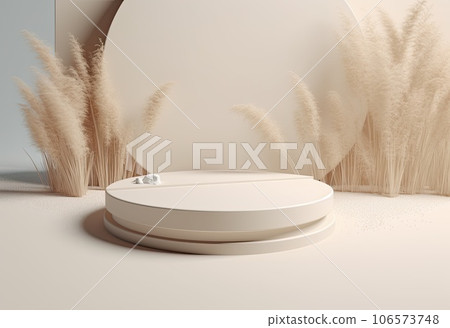 Podium on sand background. Display with sunshade and shadow on the background for cosmetic perfume fashion natural product. Generative AI. 106573748