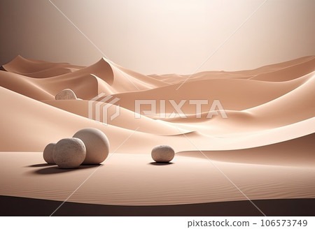 Podium on sand background. Display with sunshade and shadow on the background for cosmetic perfume fashion natural product. Generative AI. 106573749