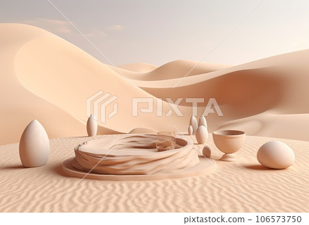 Podium on sand background. Display with sunshade and shadow on the background for cosmetic perfume fashion natural product. Generative AI. 106573750