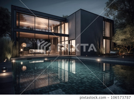Design house - modern villa with open plan living and private bedroom wing. Large terrace with privacy and, swimming pool. Generative AI. Design house - modern villa with open plan living and private bedroom wing. Large terrace with privacy and, swimming pool. Generative AI. 106573787