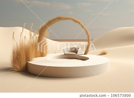 Podium on sand background. Display with sunshade and shadow on the background for cosmetic perfume fashion natural product. Generative AI. 106573800