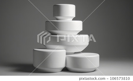 Geometric product display podium on gray background. Minimal different shapes scene stage showcase stand for product promotion presentation. AI Generative. 106573810