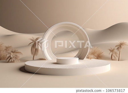 Podium on sand background. Display with sunshade and shadow on the background for cosmetic perfume fashion natural product. Generative AI. 106573817