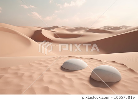 Podium on sand background. Display with sunshade and shadow on the background for cosmetic perfume fashion natural product. Generative AI. 106573819