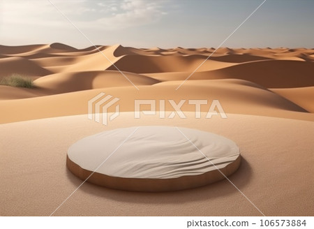 Podium on sand background. Display with sunshade and shadow on the background for cosmetic perfume fashion natural product. Generative AI. 106573884