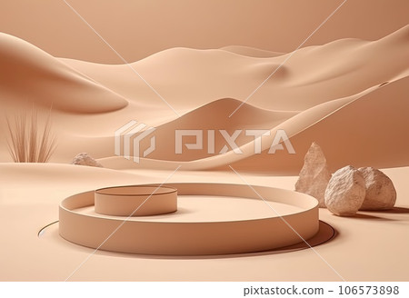 Podium on sand background. Display with sunshade and shadow on the background for cosmetic perfume fashion natural product. Generative AI. 106573898