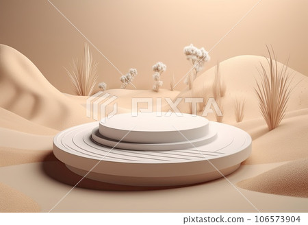 Podium on sand background. Display with sunshade and shadow on the background for cosmetic perfume fashion natural product. Generative AI. 106573904