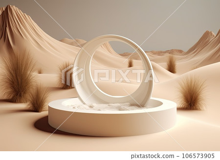 Podium on sand background. Display with sunshade and shadow on the background for cosmetic perfume fashion natural product. Generative AI. 106573905